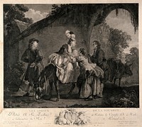 An infant who has been living with a wet-nurse being taken away from its foster-parents by its natural mother. Etching by R. De Launay (Delaunay), 1780, after E. Aubry.