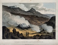 A cauldron of boiling mud on a sulphur mountain, Iceland. Coloured aquatint by J. Clark, 1811, after Sir George Mackenzie.