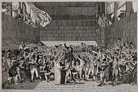 Oath of the Tennis Court: the deputies of the third estate meeting in the tennis court at the Château of Versailles, swearing not to disperse until a constitution is assured. Etching by L-F. Couché after J. L. David.