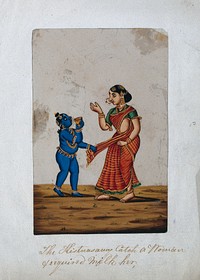Bala Krishna beseeching his mother for some milk. Gouache painting on mica by an Indian artist.