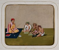 A teacher giving lessons to three children who are busy writing. Gouache painting on mica by an Indian artist.