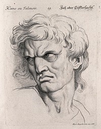 A man glowering, expressing hatred or jealousy. Engraving by M. Engelbrecht , 1732, after C. Le Brun.