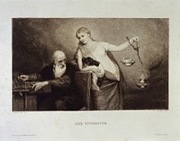 The vivisector asked to choose between head and heart. Photogravure, 1886, after an etching by M.J. Holzapfl after a painting by Gabriel von Max, 1883.