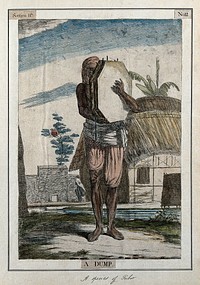 Musician playing the dump, a drum which is held vertically and struck with the fingers, Calcutta, West Bengal. Coloured etching by François Balthazar Solvyns, 1799.