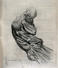 A seated écorché figure, clasping its right shoulder with its left hand, as if in thought. Crayon manner print by Lavalée, after J. Gamelin, 1778/1779.