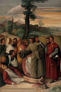 Saint Antony of Padua healing the foot of a young man. Chromolithograph by L. Gruner, 1873, after E. Kaiser after Titian.