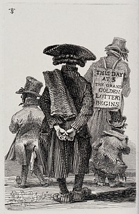 A man is shown from behind reading a sandwich board attached to the back of the man in front of him, advertising a lottery. Etching by J.T. Smith, 1816.