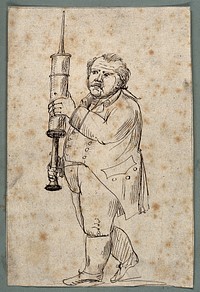 A man carrying a giant syringe. Pen drawing, ca. 1810.