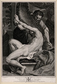 Daedalus attaching wings to the shoulders of his son, Icarus. Stipple engraving by G.S. and J.G. Facius, 1779, after C. Lebrun.