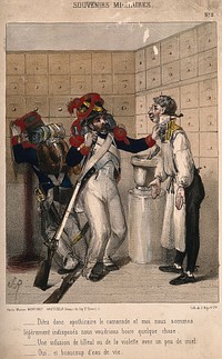 Two drunken soldiers ask an apothecary for some 'eau de vie' - some brandy. Coloured lithograph by J. Rigo.