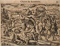 The good samaritan helps a stranger by the roadside by pouring oil and wine on to his wounds. Woodcut.