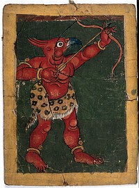 A red Tibetan demon with a parrot's head shooting an arrow from a bow. Gouache painting by a Tibetan artist.