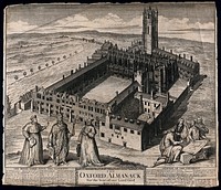 Magdalen College, Oxford: bird's eye view with academic figures and almanac. Line engraving by G. Vertue, 1730.