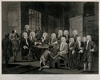 Thomas Bambridge, warden of the Fleet prison, before a committee of the House of Commons visiting the prisons. Engraving by T. Cook after W. Hogarth.