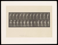 A naked man with hemiplegia, walking with a crutch. Collotype after Eadweard Muybridge, 1887.