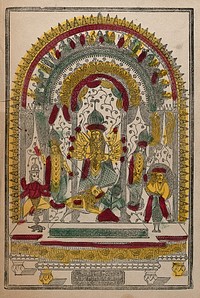 Durga slaying the Buffalo demon surrounded by deities on a stand within a torana. Coloured transfer lithograph.