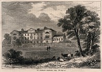 St. George's Hospital, Hyde Park Corner: seen from inside Hyde Park. Wood engraving by Greenaway after a print of 1745.