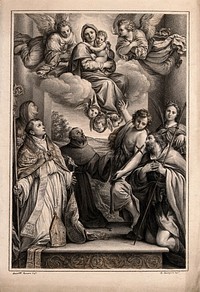 The Virgin Mary with the Christ Child and angels above; with Saint Louis of Toulouse, Saint Clare, Saint Francis, Saint John the Baptist, Saint Catherine of Alexandria and Saint Alexis below. Drawing by F. Rosaspina, c. 1830, after Annibale Carracci.