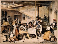 Interior of a posada with men smoking and playing cards as others and a mule rest nearby. Coloured lithograph after J. F. Lewis, 1836.