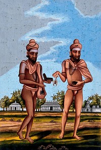 Two Shiva devotees known for extracting the poison from a scorpion's bite. Gouache drawing.