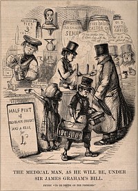 Doctors reduced to drinking in a seedy public house: representing the effect of the various Reform bills introduced by Sir James Graham. Wood engraving after J. Leech.