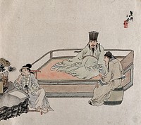 An enthroned figure speaks to a visitor while a woman in the forefront waits for her thoughts to settle before writing on a sheet of paper. Gouache by a Chinese artist, ca. 1850.