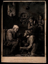A surgeon (whose features resemble a monkey's) is treating the foot of an elderly man, his concerned wife observes the scene and an assistant enters the room with a bowl. Lithograph by R. Beltran after J. de Madrazo after D. Teniers the younger.