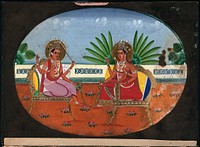 A three eyed Hindu deity with four arms sitting across a goddess with four arms holding rosary beads. Gouache painting by an Indian artist.