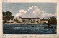 The Royal Hospital, Chelsea: viewed from the Surrey bank with boats on the river. Coloured engraving by A. W. Warren after R. B. Schnebbelie.