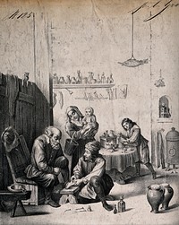 A surgeon treating an elderly man's foot, in the background an assistant is mixing a concoction with a pestle and mortar. Lithograph after D. Teniers, the younger.