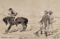 Singapore: a stubborn horse at the start of Singapore racecourse. Pen and ink drawing by J. Taylor, 1881.