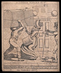 A woman is nearly knocked over by a man carrying a large item on his head. Etching by Richard Dighton, 1821.
