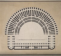 Theatre of Marcellus, Rome: floor plan. Pen and ink drawing.