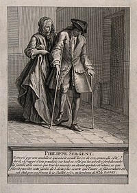 Philippe Sergent, suffering from ankylosis of the left leg, walking to the tomb of François de Paris, with crutches and aided by his wife. Engraving, 173-.