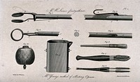 The implements used by Mr. Young in his experiments to collect opium in Scotland. Engraving by A. W. Warren, c. 1819, after W. Newton.