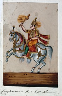 Vishnu  in his avatar as Kalki, riding a white horse and holding a mace. Gouache painting on mica by an Indian artist.