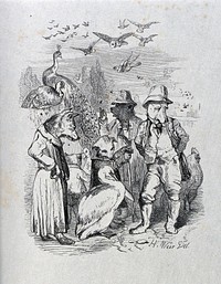 A group of animals, including a wolf, a dog and a bear are dressed in English countryside attire, are standing in field surrounded by birds. Reproduction of an etching by H. Weir.