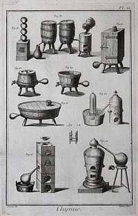 Chemistry: vessels for heating with furnaces, including apparatus for bathing, making beer, making vinegar, etc. Engraving by A.J. Defehrt after L.J. Goussier.