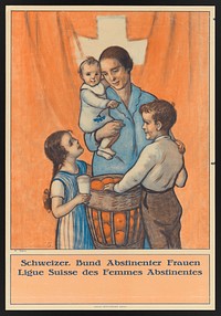 A woman and her three children abstaining from alcohol; representing the Swiss league of women abstainers. Colour lithograph after M. Goetz, 1905 .