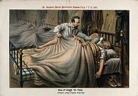 In a dormitory, a man is trying to get into a bed already occupied by W.E. Gladstone and another man. Colour lithograph by Tom Merry, 7 February 1891.