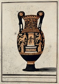 A red-figured Greek wine bowl (volute krater) also called "the Hamilton Vase", decorated with figures of men and women around a stele; volutes ornamented with female heads. Watercolour by A. Dahlsteen, 176- .