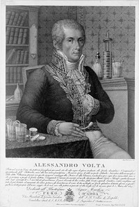 Count Alessandro Giuseppe Antonio Anastasio Volta. Stipple engraving by L. Rados, 1828, after R. Focosi.