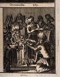 Three scenes: a woman undergoing a trial for adultery, a Jewish burial and circumcision ceremony. Etching after a woodcut, 1682.