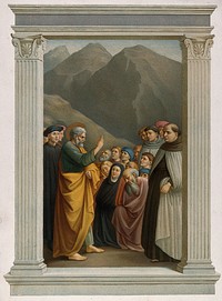 Saint Peter preaching. Colour lithograph by Storch & Kremer after C. Mariannecci after Masolino.