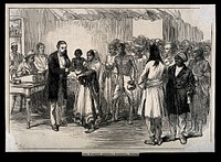 Sassoon General Hospital, Poona, India: a queue of patients awaiting treatment. Wood engraving by C. Roberts after W. Simpson.