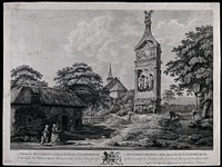 A Roman tomb at Igel, Luxemburg; people in the foreground, a church in the background. Engraving by E. Rooker after W. Pars, 1774.