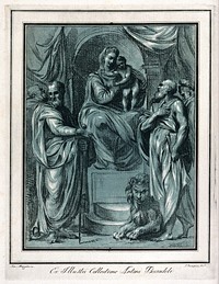 Saint Mary (the Blessed Virgin) with the Christ Child, Saint Paul the Apostle and Saint Jerome. Colour soft-ground etching by F. Rosaspina, 1788, after G.F.M. Mazzola, il Parmigianino.