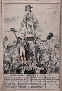 A man in a gown and a mortar board is seated on a chair, carried above the heads of the crowd by men who are in turn standing on the heads of men also wearing academic dress. Lithograph.