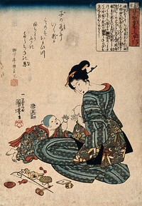 A woman offers her breast to a small child, who reaches for it eagerly; the child's toys are scattered on the floor. Colour woodcut by Kuniyoshi, 1842.