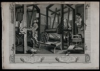 In a Spitalfields silk weaver's shop two contrasting apprentices, Tom Idle, asleep, and Francis Goodchild, engrossed in his work, sit at their looms overseen by their master. Engraving by Thomas Cook after William Hogarth, 1749.